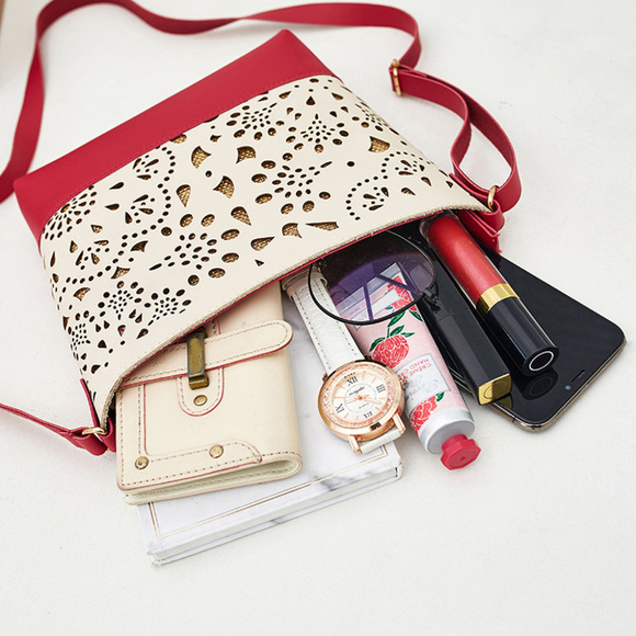 NEW Vegan Leather Red Hollow Cut Out Shoulder Bag - Picture 6 of 10